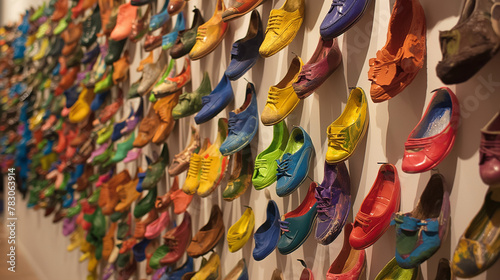 Artistic collection of colorful shoes arranged on shelves, perfect for fashion and retail advertising
