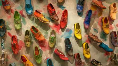 Vibrant display of colorful painted shoes on a wall ideal for art and fashion marketing