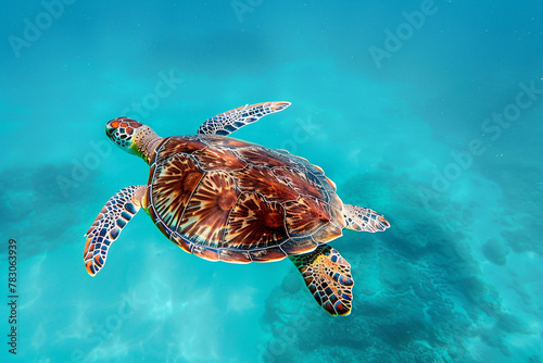 Belle tortue nageant vue du dessus © Pixelite