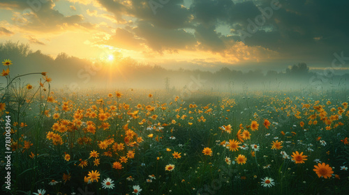 A tranquil meadow bathed in the soft glow of dawn, with wildflowers peeking through the morning fog