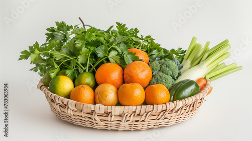 Assorted fresh vegetables and fruits in a wicker basket, showcasing a variety of vibrant colors and textures with a focus on healthy eating. This image is filled with natural produce 