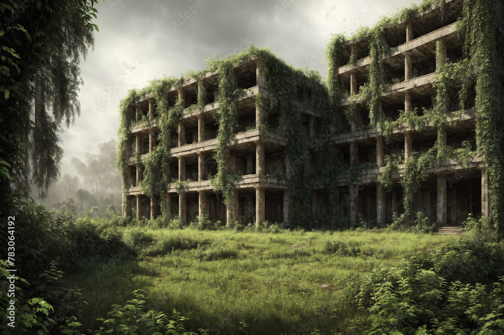 An abandoned building with overgrown plants growing out of the windows and walls. An abandoned building with overgrown plants growing out of the windows and walls.