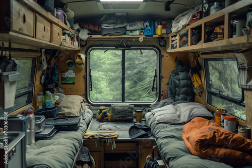 Vintage caravan parked in the forest. Inside of recreational vehicle with green forest view.