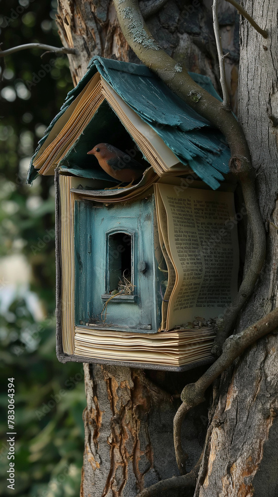 Innovative birdhouse crafted from old books on a tree, perfect for educational themes and green initiatives.