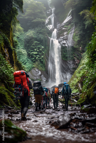Back view of a group hiker adventure through a muddy forest path, framed by the stunning view of a cascading waterfall.