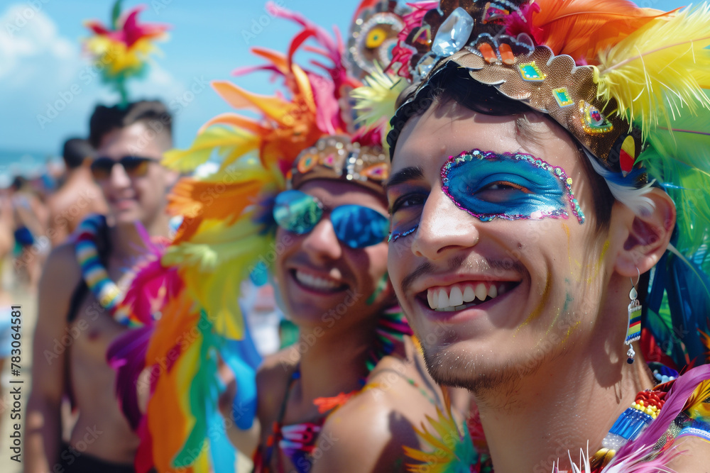 Cheerful young man and woman with LGBTQ flag smiling and taking selfie on street during pride festival in city.