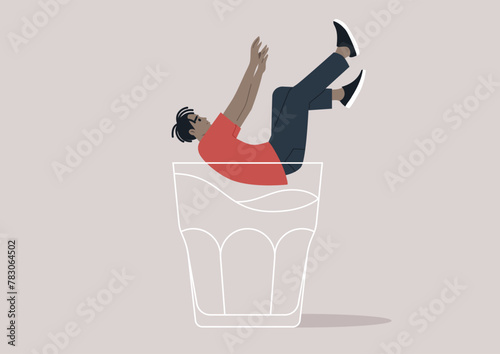 A character falling into the depths of an empty glass, symbolizing the descent into the metaphorical rock bottom, associated with alcohol problems