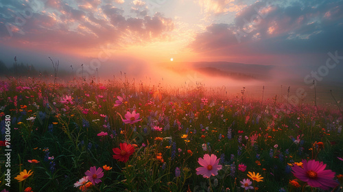 A tranquil meadow bathed in the soft glow of dawn  with wildflowers peeking through the morning fog