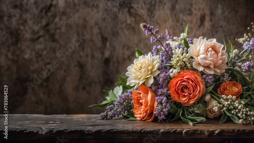 Bouquet Coquette- Elegante Arrivo Floreale per Inviti di Nozze, un'Estetica di Fiori Lilla e arancioni photo