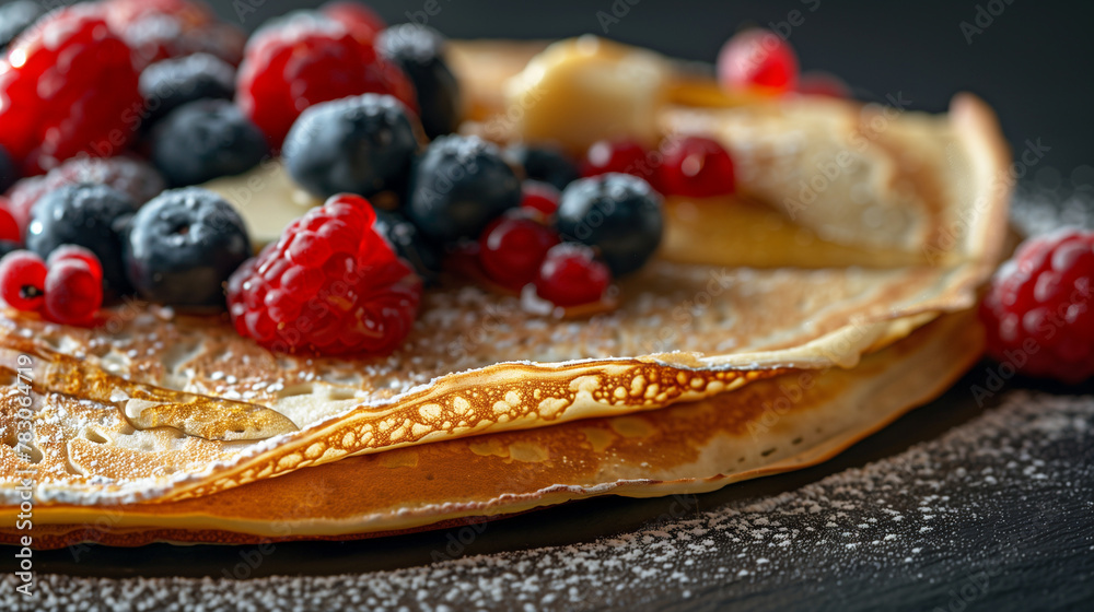 Close-up of pancake with berry, butter and honey on black slate background. The focus is on the layers of ingredients inside the pancake, making the pancake appear mouthwatering. Close-up of pancake with berry, butter and honey on black slate background. The focus is on the layers of ingredients inside the pancake, making the pancake appear mouthwatering.