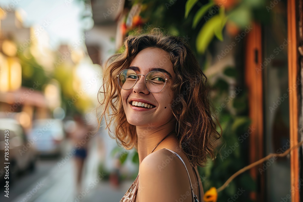 Portrait of a beautiful young woman with curly hair and glasses in the city