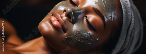 Face peeling mask, spa beauty treatment, skincare. Woman getting facial care by beautician at spa salon, side view, close-up