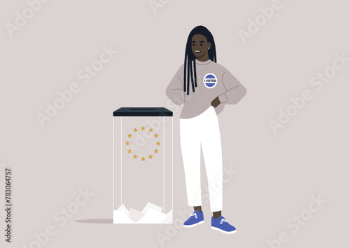Proud Citizen Casting Vote at EU Ballot Box, A smiling character dons an I Voted badge at the European Union Parliament elections