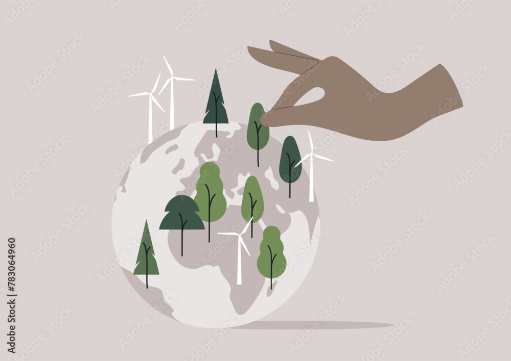 Gentle Hand Nurturing a Greener Earth Amidst Windmills, fingers delicately interact with tiny trees on a stylized globe, windmills standing tall in the background - obrazy, fototapety, plakaty 