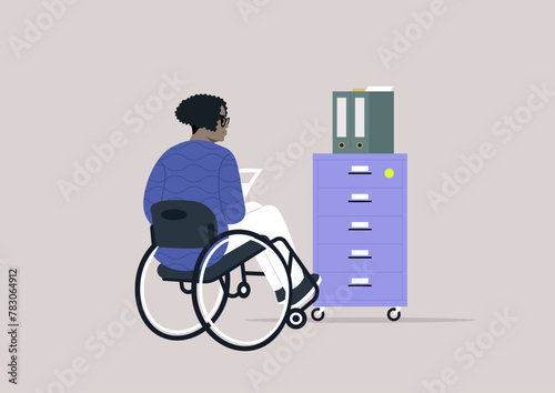 Accessibility in Action, a senior character in Wheelchair at an Organized Office Space, A person with disability engages with a file cabinet in a tranquil work setting