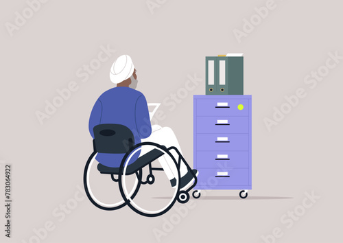Accessibility in Action, a senior character in Wheelchair at an Organized Office Space, A person with disability engages with a file cabinet in a tranquil work setting