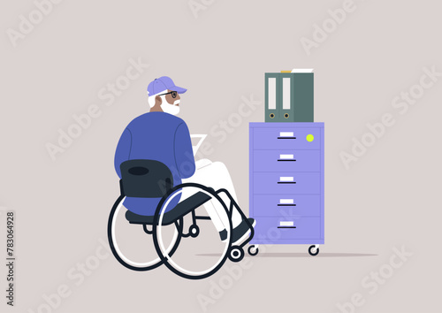 Accessibility in Action, a senior character in Wheelchair at an Organized Office Space, A person with disability engages with a file cabinet in a tranquil work setting