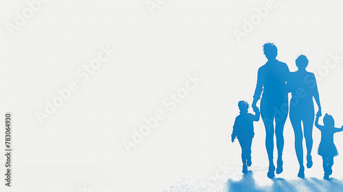 Abstract silhouette of family holding hands in blue on white background.