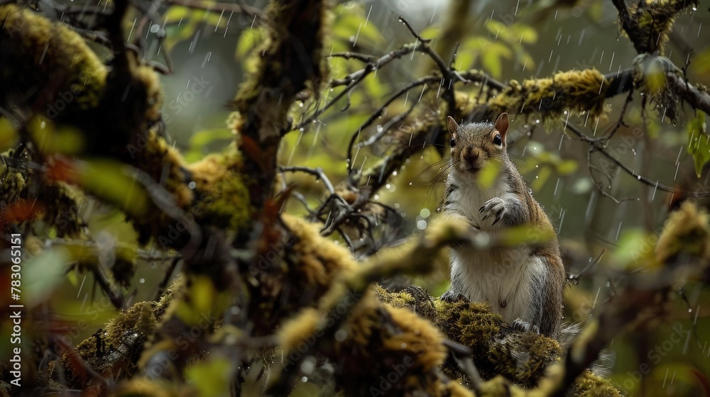 Through the veil of raindrops, a grey squirrel explores the moss-covered branches, its mission clear: to find sustenance amidst the wetness of the forest.