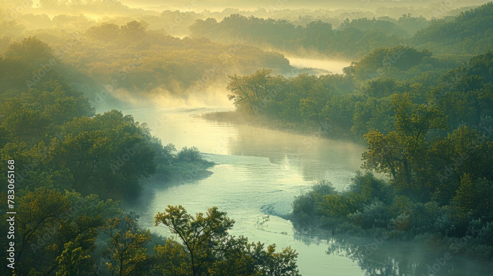 A meandering river bend shrouded in a veil of morning fog, creating a sense of mystery and allure
