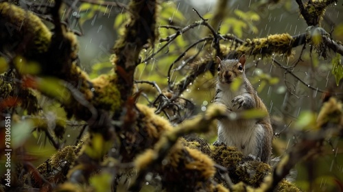 Through the veil of raindrops, a grey squirrel explores the moss-covered branches, its mission clear: to find sustenance amidst the wetness of the forest.