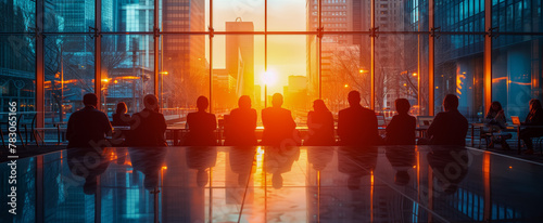 Corporate meeting backlit by stunning urban sunset