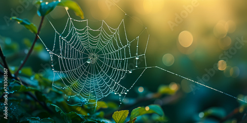 Dew drops glistening on spider web at sunrise