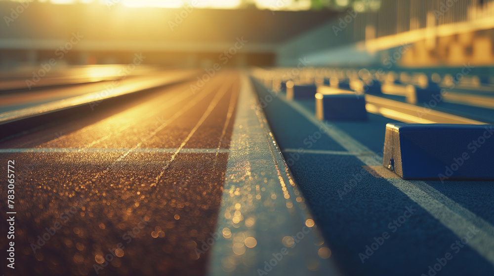 Closeup of starting blocks set up in a lane, ready for a sprinter. The