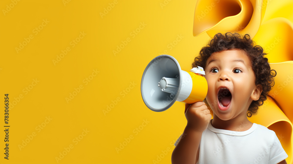 Kid shouting by megaphone over color background Kid shouting by megaphone over color background