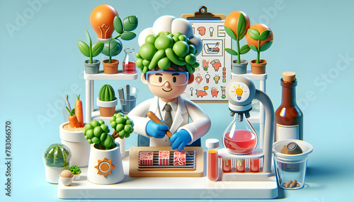 Busy food scientist creating a plant-based meat alternative in a culinary lab in a candid and routine daily work environment with isolated white background - 3D icon
