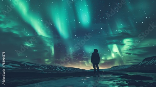 Solitary Observer Under The Aurora Borealis. A Cosmic Light Show In The Arctic Night. Generative AI