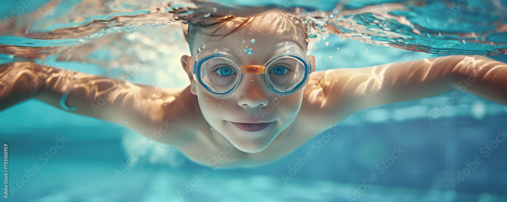 Naklejka premium Child in swimming goggles playing in the blue water. Concept of healthy lifestyle, family vacation and training of young swimmers.