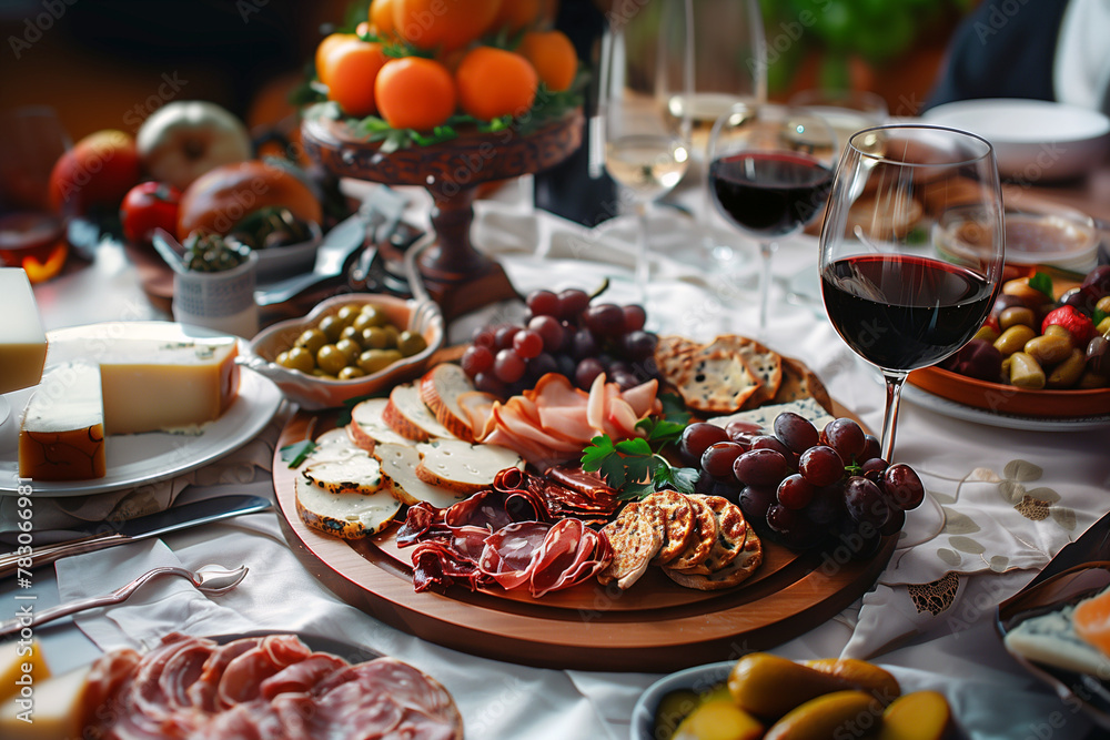 Different types of wine in glasses, red, white, rose and amber. Wine tasting in a bar or restaurant. Wine and charcuterie and cheese board.