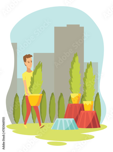 Urban gardening, person who takes care of plants. Ecological and sustainable green lifestyle. Urban environment concept. City parks element for advertising flyer. Vector illustration