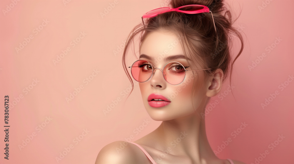 A woman with pink hair and glasses is wearing a pink sweater. She is wearing red lipstick and has a pink background. fashion advertising banner for cosmetology online shop with young girl A woman with pink hair and glasses is wearing a pink sweater. She is wearing red lipstick and has a pink background. fashion advertising banner for cosmetology online shop with young girl