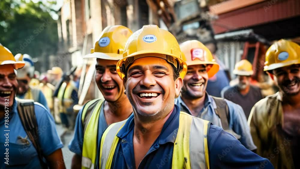 Happy team of construction workers wearing helmets and smiling