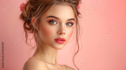 A woman with pink hair and glasses is wearing a pink sweater. She is wearing red lipstick and has a pink background. fashion advertising banner for cosmetology online shop with young girl