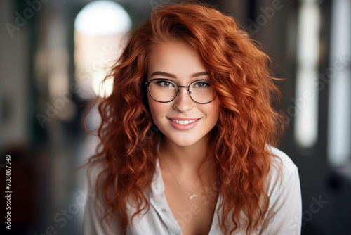 Portrait of a woman with red hair and glasses over background with selective focus and copy space