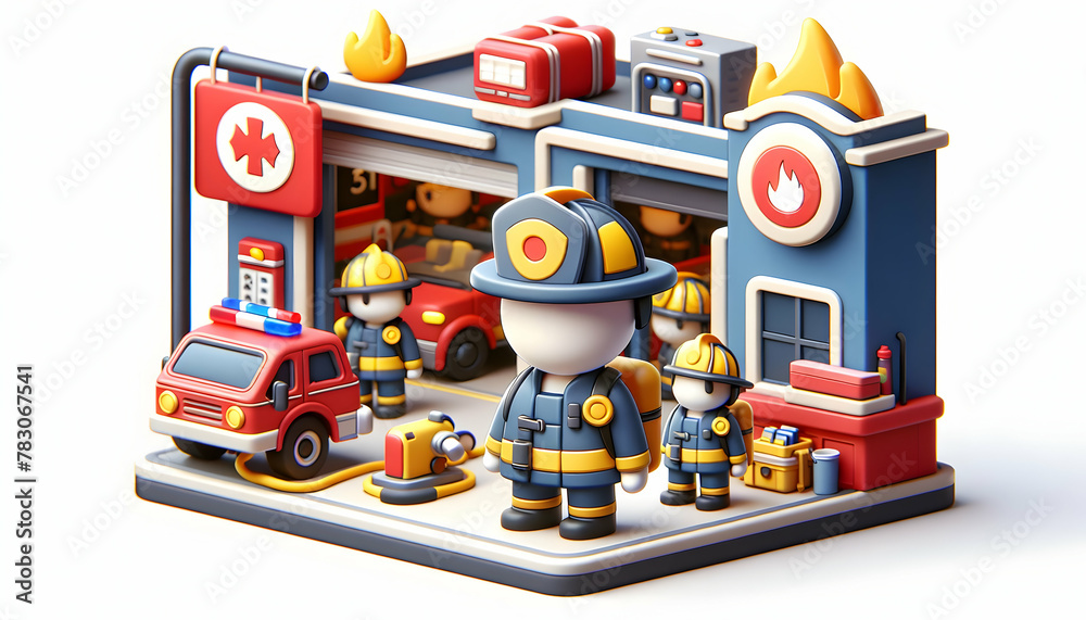 3D Icon of Fire Station Daily Life: Firefighters on Standby in Candid Work Environment and Daily Routine, Isolated on White Background 3D Icon of Fire Station Daily Life: Firefighters on Standby in Candid Work Environment and Daily Routine, Isolated on White Background