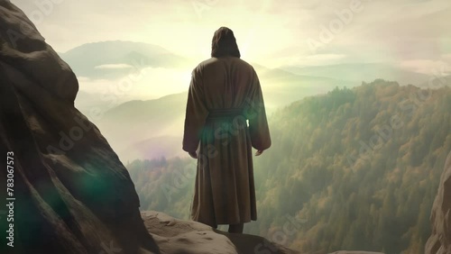 Animation of Jesus Christ, Son of God standing on the mountain edge looking out, in a white robe with heavenly light glowing around him photo