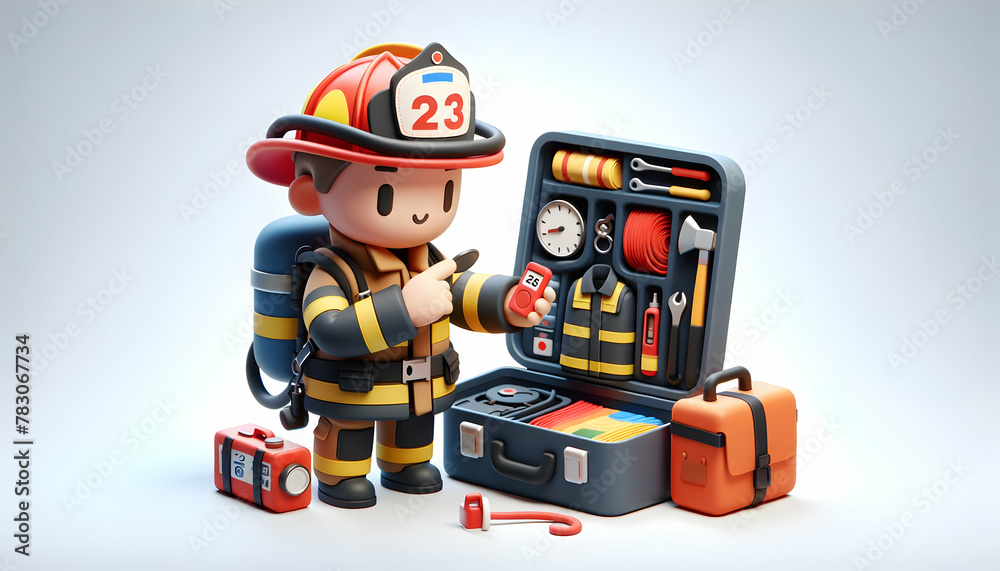 3D Icon Illustration of Firefighter Conducting Gear Inspection in a Candid Daily Environment on Isolated White Background 3D Icon Illustration of Firefighter Conducting Gear Inspection in a Candid Daily Environment on Isolated White Background