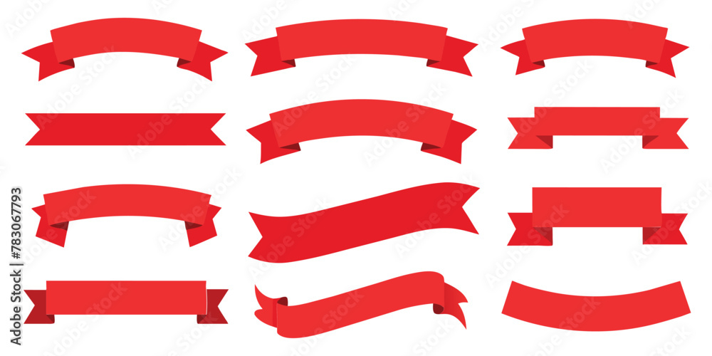 Ribbon, banner or tag vector art set. Flat red color.
