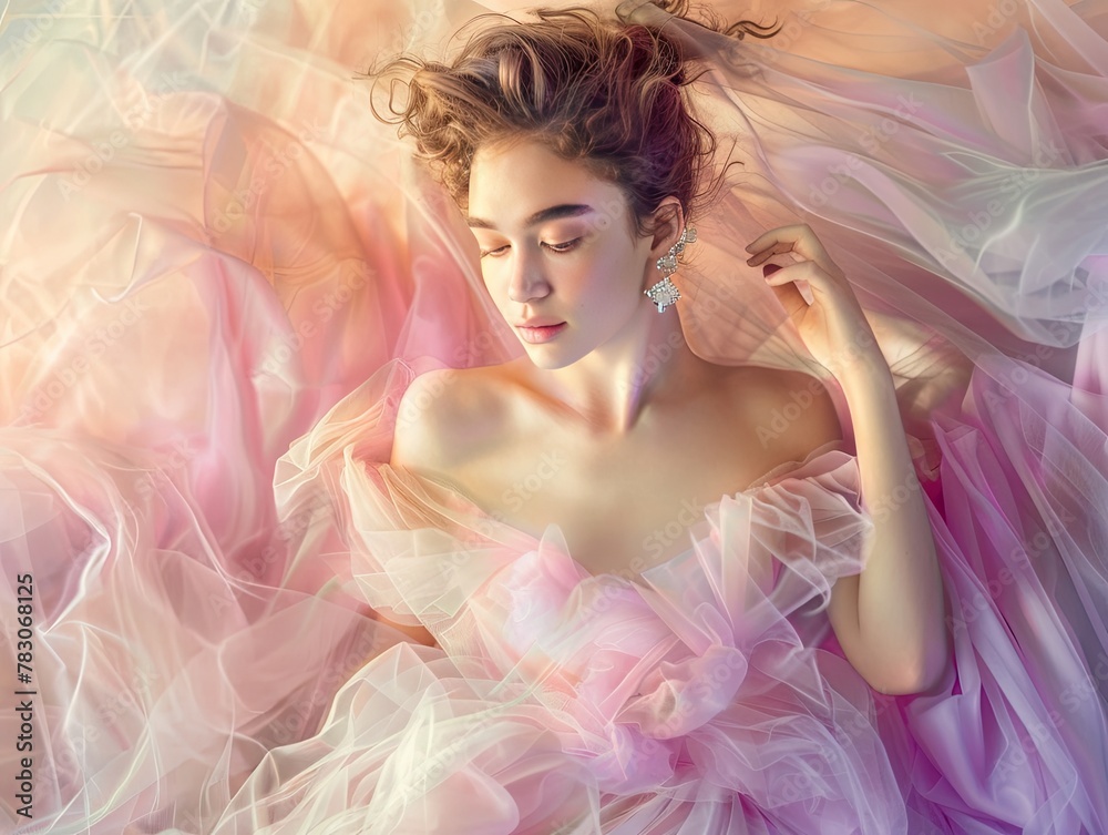 bright studio portrait of individual in pastel tulle gown glistening diamond accessories