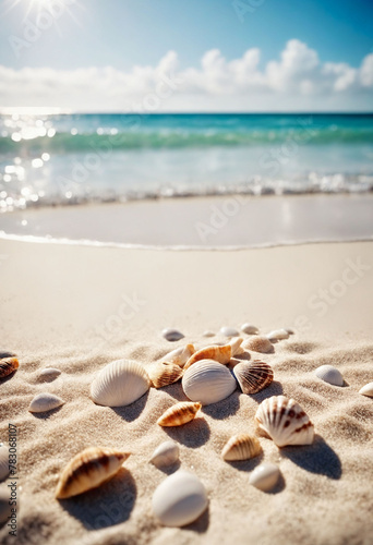 Transport yourself to paradise with this stunning depiction of a sunny beach, complete with fine white sand and vibrant sea shells