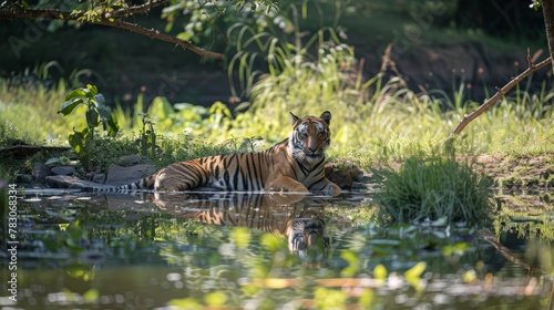 In the tranquil setting of the park, the tiger's presence commands respect, a reminder of the wild beauty that still thrives amidst urban landscapes.
