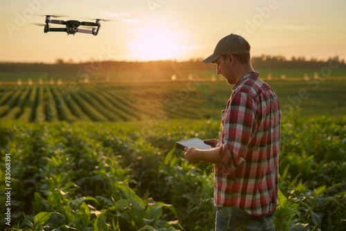 Farmer controlling drone with remote controller flying over field at sunset