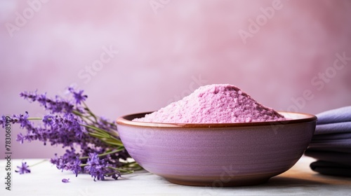 Wooden bowl of lavender bath salt on concrete surface with ample copy space for relaxation products photo