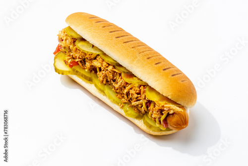 hot dog on a white background with different toppings