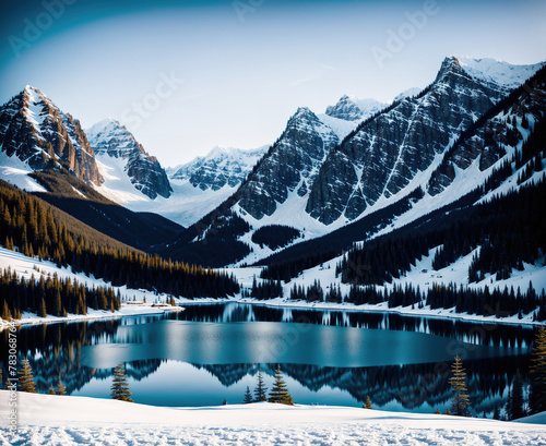 A serene landscape with snow-covered mountains in the background and a small lake in the foreground.