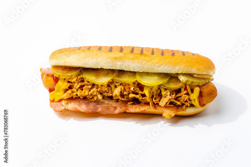 hot dog on a white background with different toppings